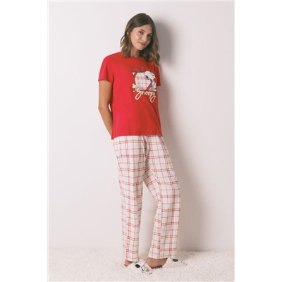 Pijama largo 100% algodón cuadros rojo Snoopy