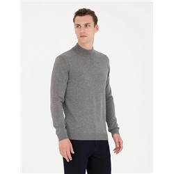 Gri Melanj Slim Fit Yarım Balıkçı Basic Triko Kazak