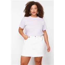 Lila Çıt Çıt Detaylı %100 Pamuk Büyük Beden Örme T-shirt TBBSS24BF00000