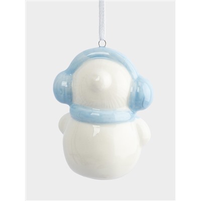 Игрушка елочная, 9 см, керамика, бело-голубая, Снеговик в наушниках и шарфе, Snowman