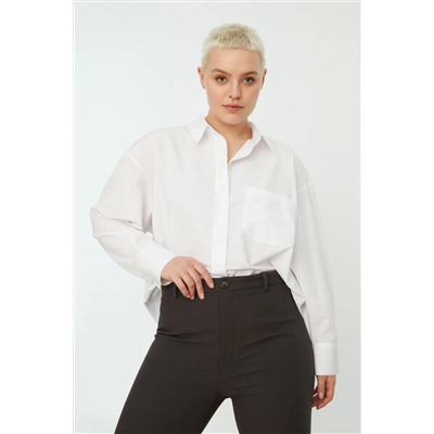 Beyaz Loose Fit Pamuklu Uzun Kol Büyük Beden Dokuma Gömlek TBBSS22GO0323