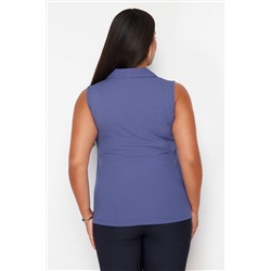Mavi Fitted/Vücuda Oturan Polo Yaka Esnek Örme Büyük Beden Bluz TBBSS24AF00065