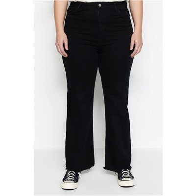Siyah Yüksek Bel Pis Uç Detaylı Geniş Paça Comfort Büyük Beden Wide Leg Jeans TBBSS23CJ00009