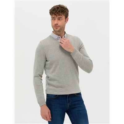 Açık Gri Melanj Slim Fit Basic Kazak