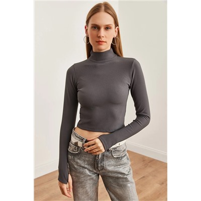 Olalook, Kadın Füme Yarım Balıkçı İnce Fitilli Parmak Detaylı Ottoman Bluz BLZ-19002709