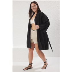Siyah Kuşaklı Kısa Dokuma %100 Pamuklu Büyük Beden Kimono&Kaftan TBBSS25DE00000
