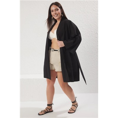 Siyah Kuşaklı Kısa Dokuma %100 Pamuklu Büyük Beden Kimono&Kaftan TBBSS25DE00000