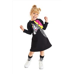 Denokids, Siyah Unicorn Zebra Kız Çocuk Uzun Kollu Fırfır Detaylı Elbise