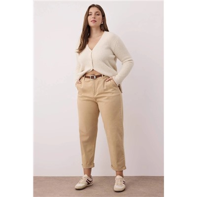 Bej Yüksek Bel Kemerli Mom Fit Denim Büyük Beden Jeans TBBAW26CJ00026
