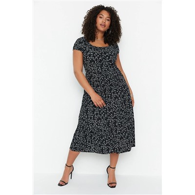 Trendyol Curve Siyah Skater Örme Çiçek Desenli Elbise TBBSS22AH00009