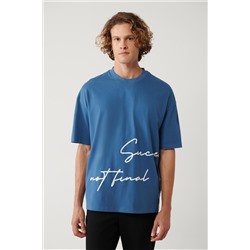İndigo %100 Pamuk Bisiklet Yaka Baskılı T-Shirt