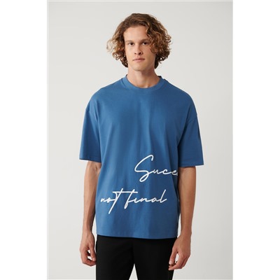 İndigo %100 Pamuk Bisiklet Yaka Baskılı T-Shirt