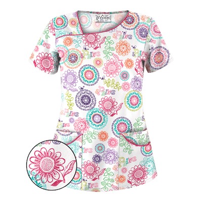 UA Spring Out White Asymmetrical Print Scrub Top