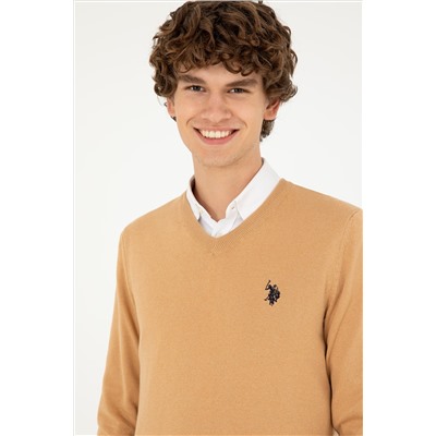 Erkek Slim Fit V Yaka Camel Melanj Basic Kazak