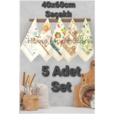 HOME MOD STORE Store 100% Pamuk 5 Adet 40x60cm Saçaklı Baskılı Mutfak Ve El Havlusu Ceyiz Seti ckr01