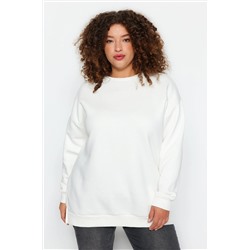 Bej Kalın İçi Polarlı Yırtmaçlı Oversize/Bol Kesim Örme Büyük Beden Sweatshirt TBBAW24AO00003