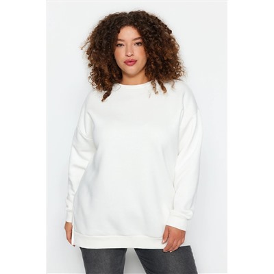 Bej Kalın İçi Polarlı Yırtmaçlı Oversize/Bol Kesim Örme Büyük Beden Sweatshirt TBBAW24AO00003