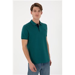Erkek Slim Fit Polo Yaka Koyu Yeşil Basic Tişört