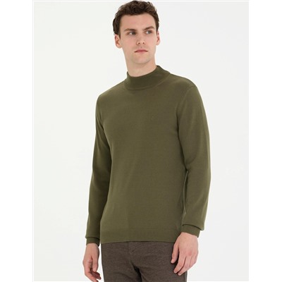 Koyu Haki Slim Fit Yarım Balıkçı Basic Triko Kazak