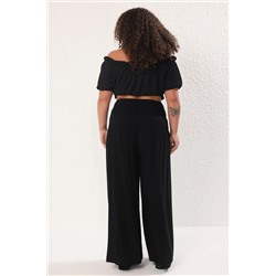 Siyah Düz Beli Gipeli Geniş Paça Plaj Giyim Büyük Beden Pantolon TBBSS25AR00010