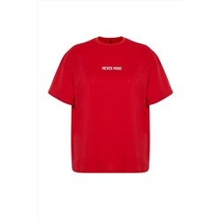 Kırmızı Slogan Baskılı Oversize %100 Pamuk Örme Büyük Beden T-shirt TBBSS24BF00018