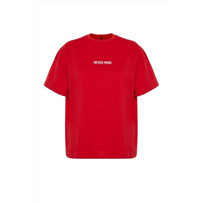 Kırmızı Slogan Baskılı Oversize %100 Pamuk Örme Büyük Beden T-shirt TBBSS24BF00018
