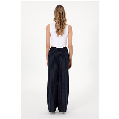 Kadın Lacivert Çizgili Loose Relax Fit Kanvas Pantolon