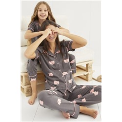 Siyah İnci Kısa Kollu Pamuklu Likralı Düğmeli Pijama Takım 22155153