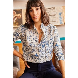 Olalook Kadın Ekru Mavi Desenli Viskon Gömlek GML-19000891