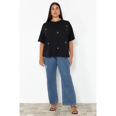 Siyah Kalp Aksesuar Detaylı Oversize %100 Pamuk Örme T-shirt TBBSS24BF00008