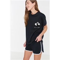 TRENDYOLMİLLA Lacivert Baskılı Pamuklu Atlet-Şort Örme Pijama Takımı THMSS22PT00005