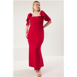 Trendyol Curve Kırmızı Karpuz Kollu Maxi Dokuma Büyük Beden Elbise TBBSS25AH00148