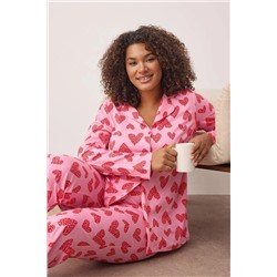 Pembe %100 Pamuklu Kalp & Leopar Desenli Gömlek-Pantolon Örme Pijama Takımı TBBAW26AI00017