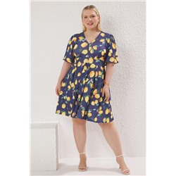 Trendyol Curve Lacivert V Yaka Balon Kol Limon Desenli Örme Büyük Beden Elbise TBBSS25AH00195