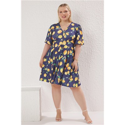 Trendyol Curve Lacivert V Yaka Balon Kol Limon Desenli Örme Büyük Beden Elbise TBBSS25AH00195