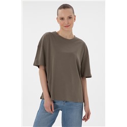 Kadın Vizon Oversize Bisiklet Yaka Tişört