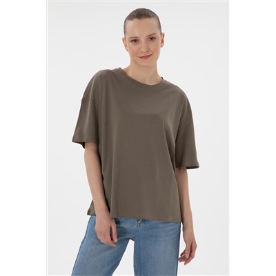 Kadın Vizon Oversize Bisiklet Yaka Tişört