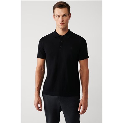 Siyah Pamuklu Polo Yaka Regular Fit Standart Kesim İnce Triko T-Shirt