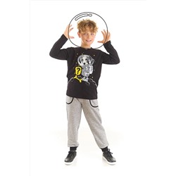 Denokids Astronot Köpek Erkek Çocuk Siyah T-shirt Gri Pantolon Takım CFF-22S1-099