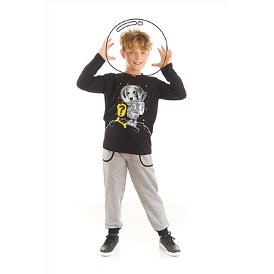 Denokids Astronot Köpek Erkek Çocuk Siyah T-shirt Gri Pantolon Takım CFF-22S1-099