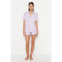 TRENDYOLMİLLA Lila Biyeli Pamuklu Gömlek-Şort Örme Pijama Takımı THMSS20PT0406