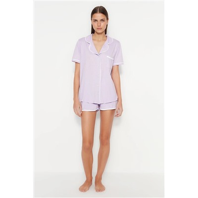 TRENDYOLMİLLA Lila Biyeli Pamuklu Gömlek-Şort Örme Pijama Takımı THMSS20PT0406