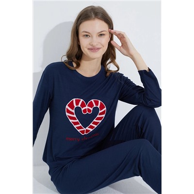 Siyah İnci lacivert kalp nakışlı Jogger Örme Pijama Takım 7703