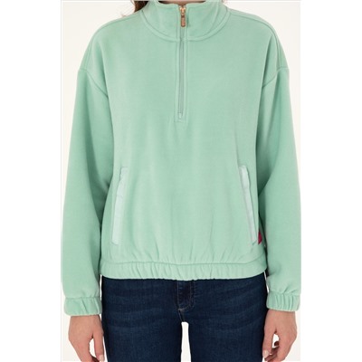 Kadın Su Yeşili Dik Yaka Fermuarlı Polar Sweatshirt