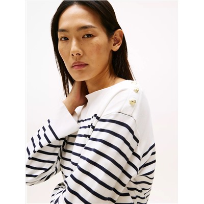 Gold-Button Stripe Long-Sleeve T-Shirt
