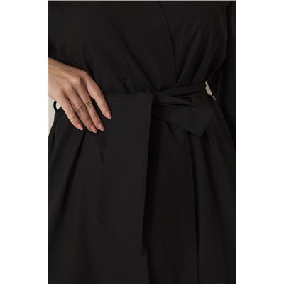 Siyah Kuşaklı Kısa Dokuma %100 Pamuklu Büyük Beden Kimono&Kaftan TBBSS25DE00000