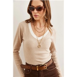 Olalook Kadın Taş Beyaz Yaka Detaylı Şardonlu Likralı Bluz BLZ-19002746