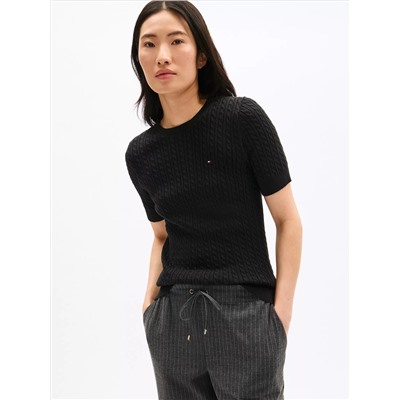 Short-Sleeve Cable Knit Sweater