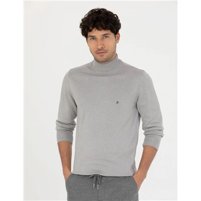 Açık Gri Melanj Slim Fit Yarım Balıkçı Basic Triko Kazak