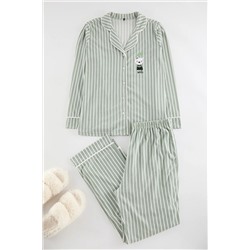 Mint Çizgili Gömlek Yaka Biyeli Örme Pijama Takımı TBBAW25AI00052